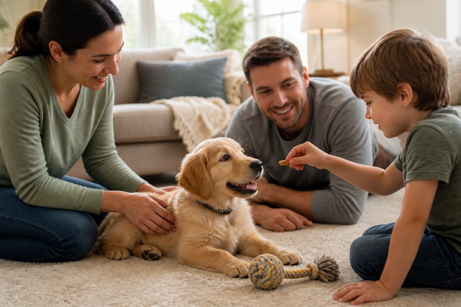 A family gently interacting with a newly adopted golden retriever puppy in a cozy living room.