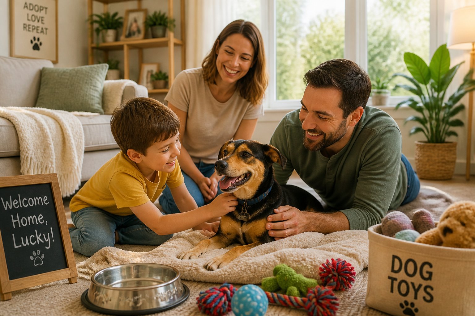 A family warmly welcoming a newly adopted dog in a bright, cozy living room with sunlight and pet accessories.