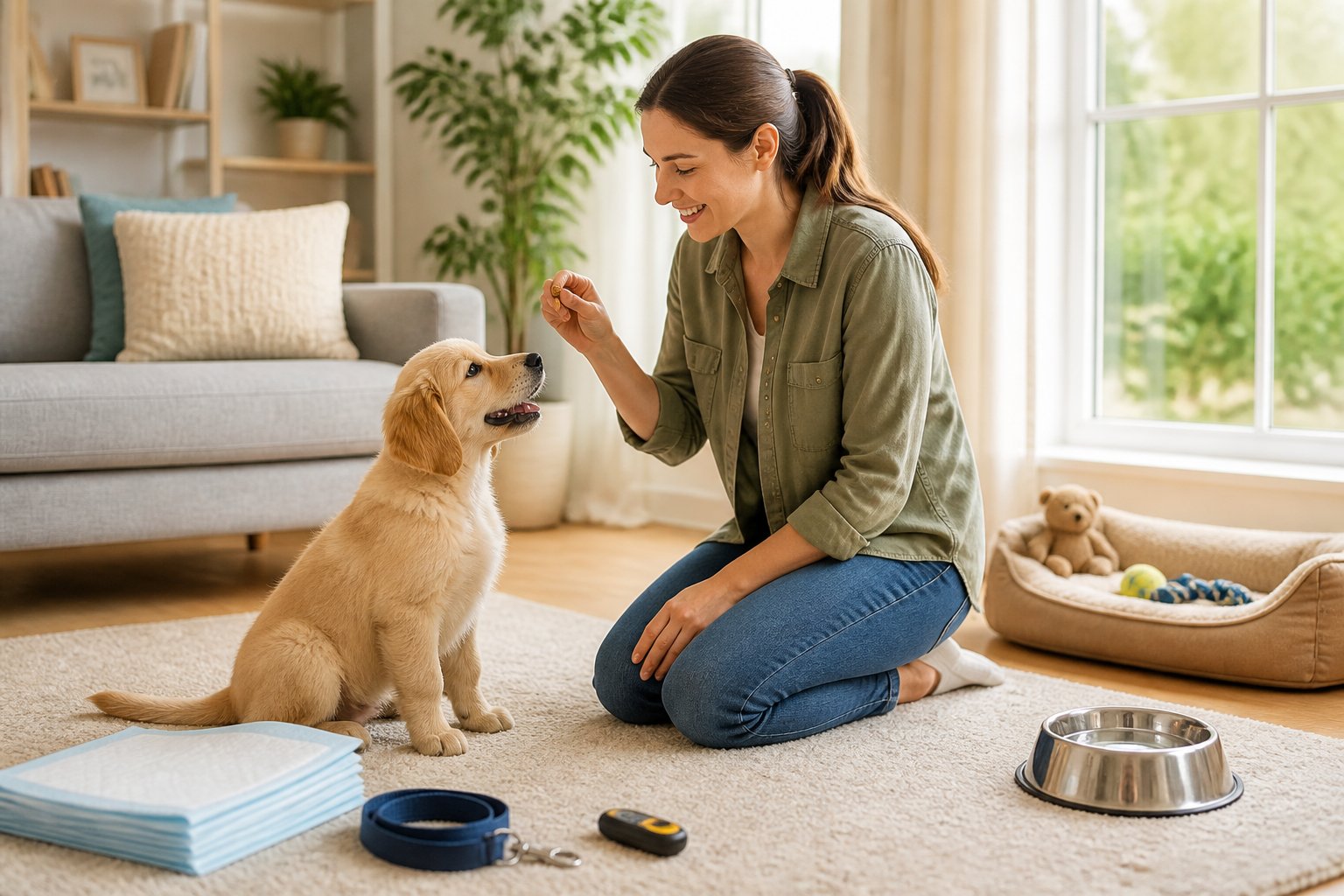 An adult owner kneeling on a rug giving a treat to a happy puppy in a bright living room with training supplies nearby.