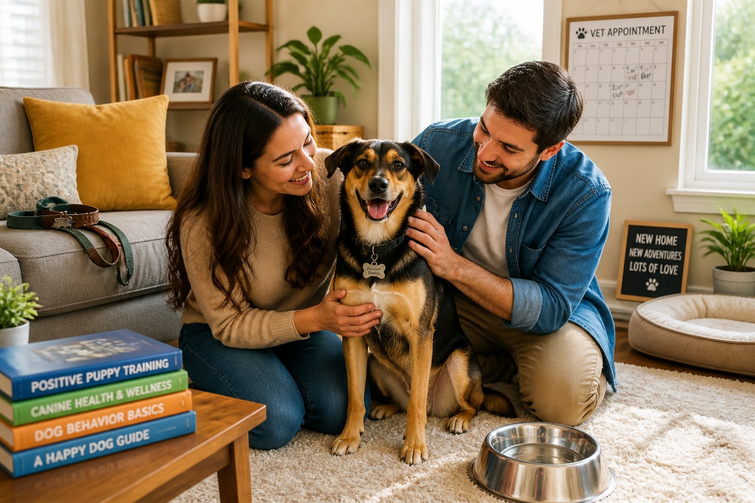 A couple in their living room caring for a newly adopted dog with pet supplies and natural light around them.