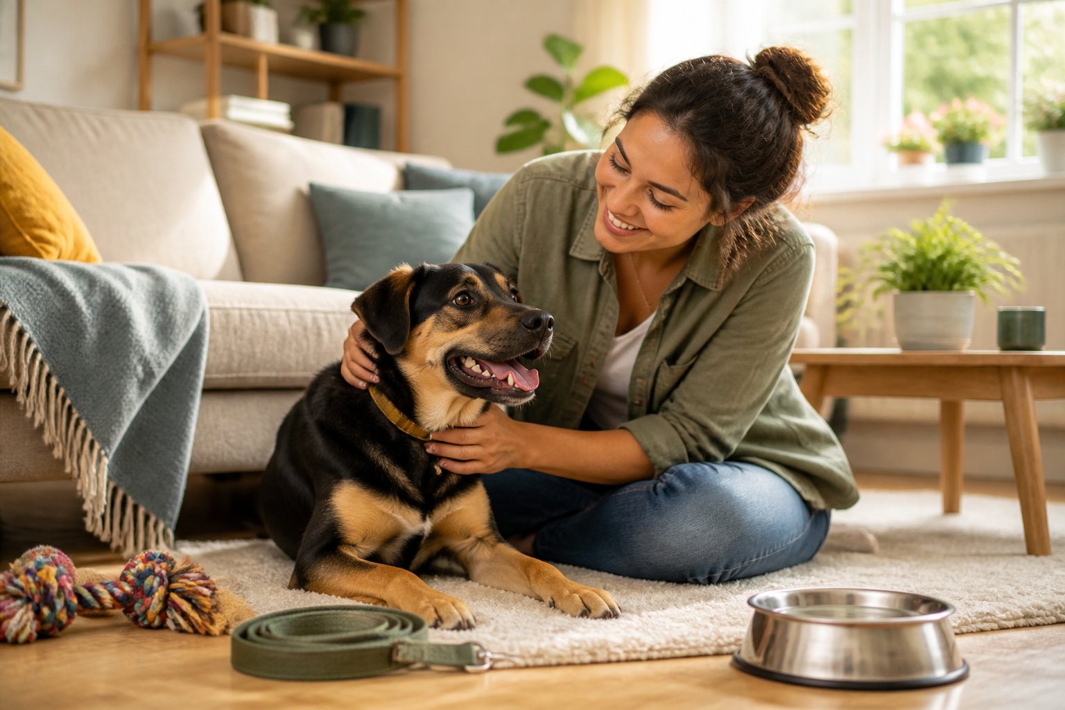 A person happily petting a dog inside a cozy living room with natural light and dog care items nearby.