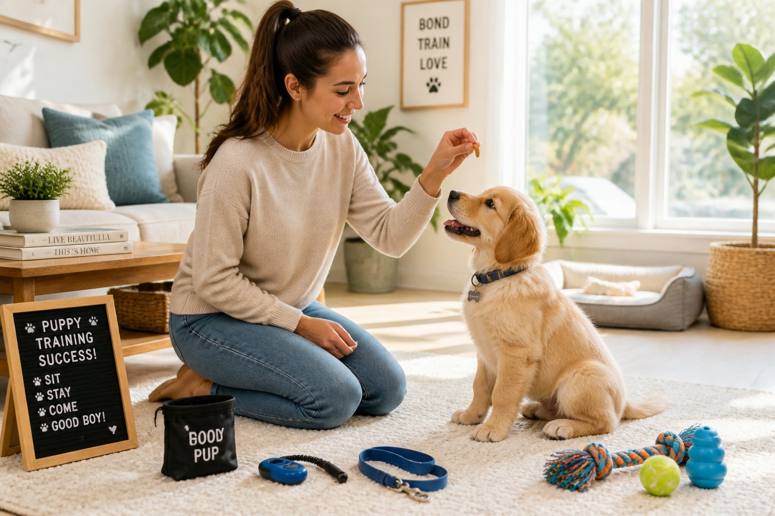A woman training a golden retriever puppy indoors, with training tools and toys around them.