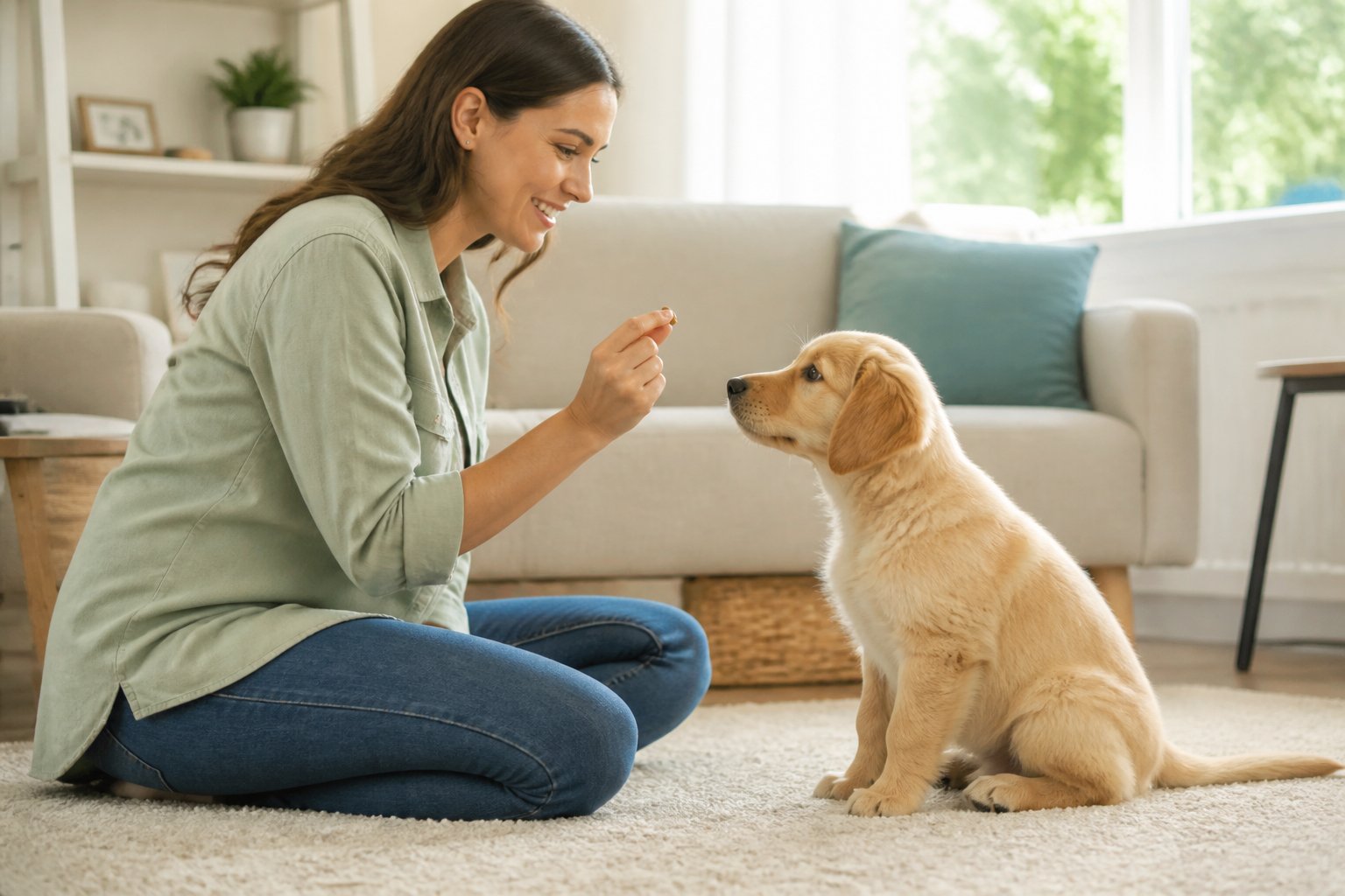 A person holding a treat in front of an attentive puppy sitting on a carpet in a bright living room.