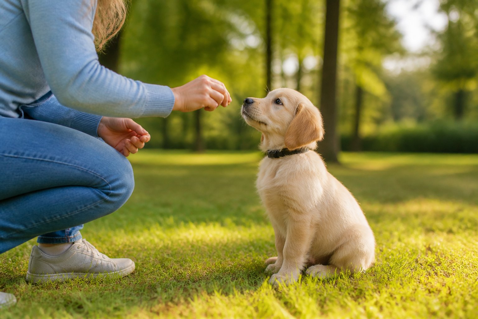 A person training a young puppy outdoors on grass, with the puppy sitting attentively.