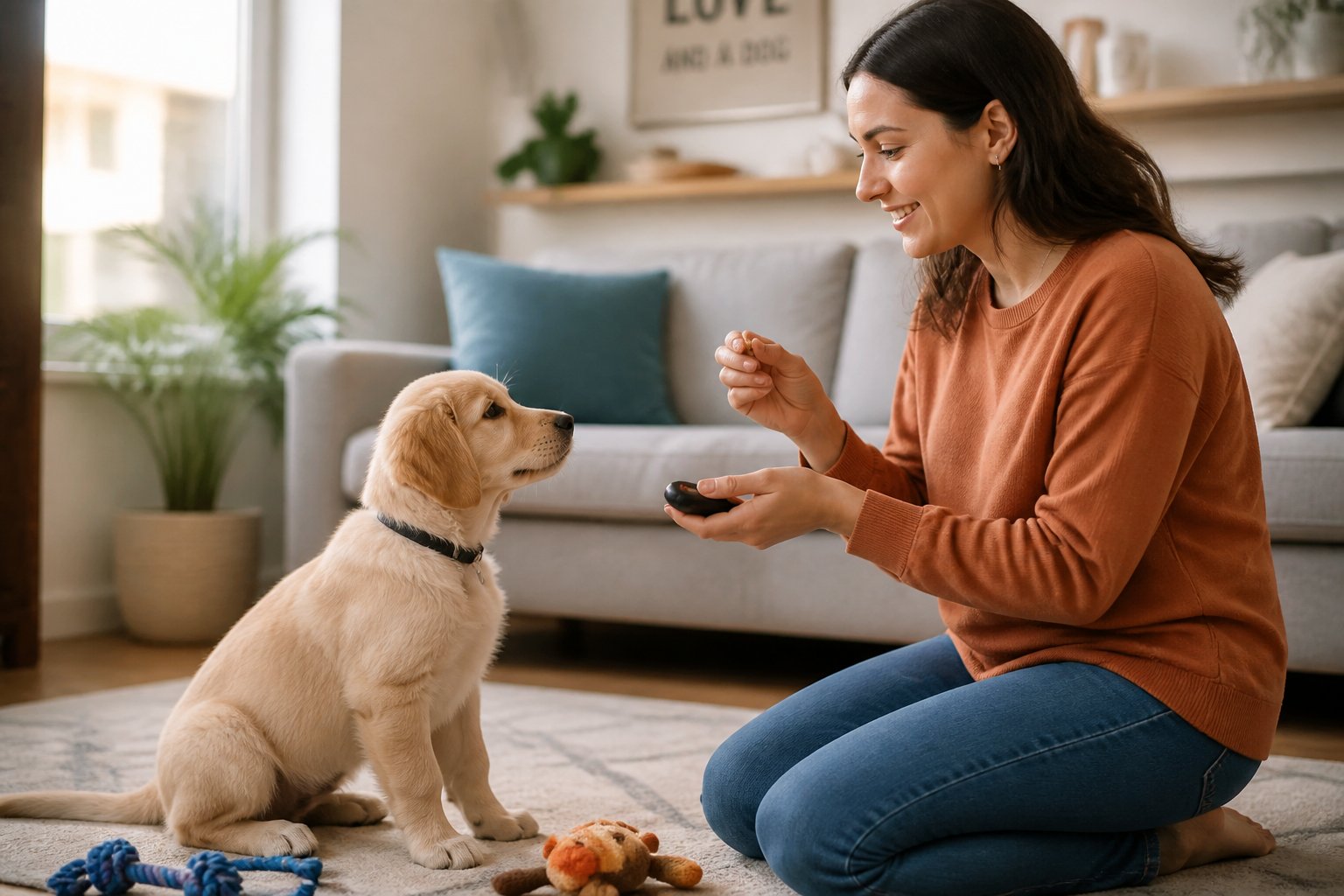 A young puppy sitting attentively on a living room floor next to an adult holding a training clicker and treat.