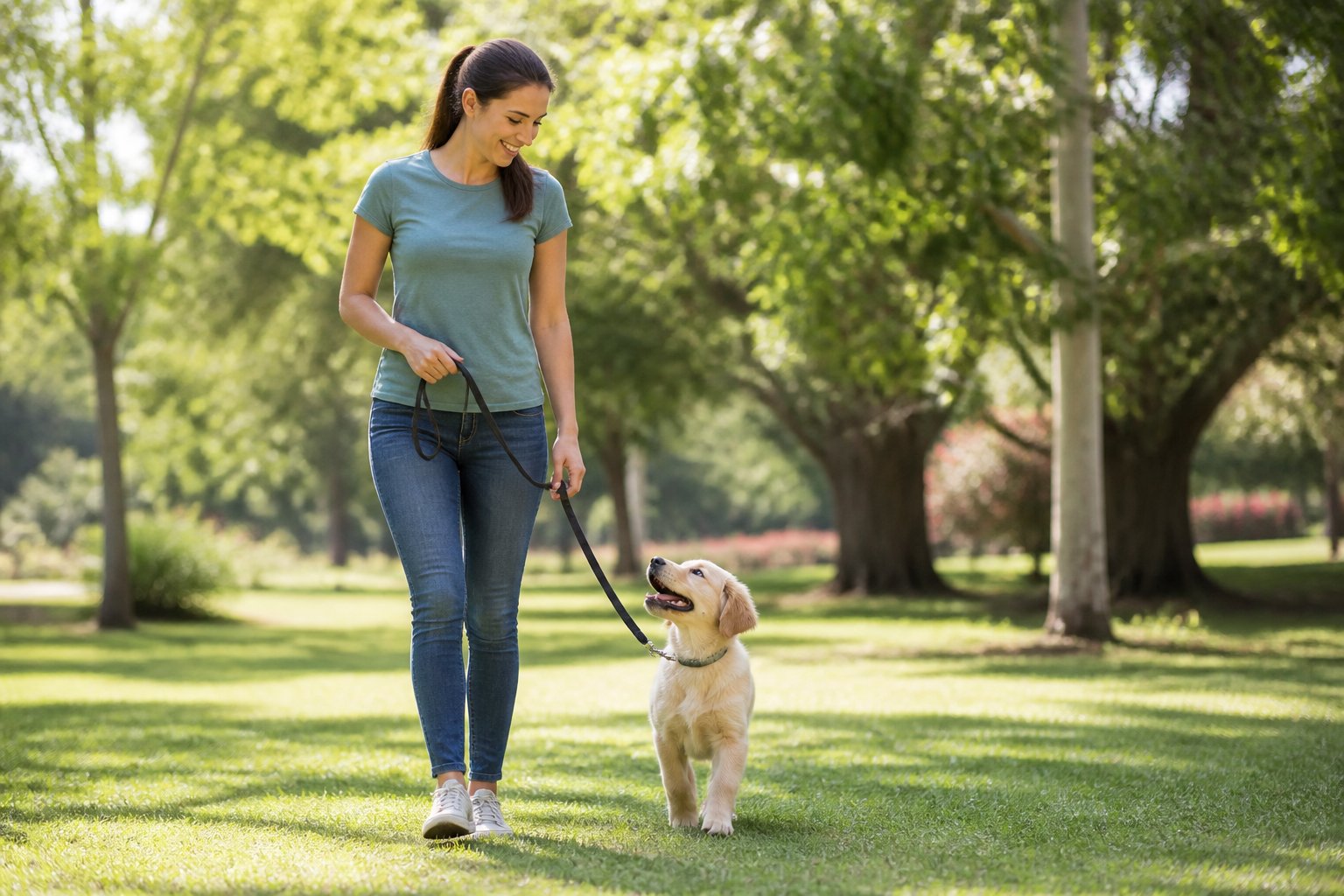 A young puppy on a leash looking up at an adult trainer in a sunny outdoor park.