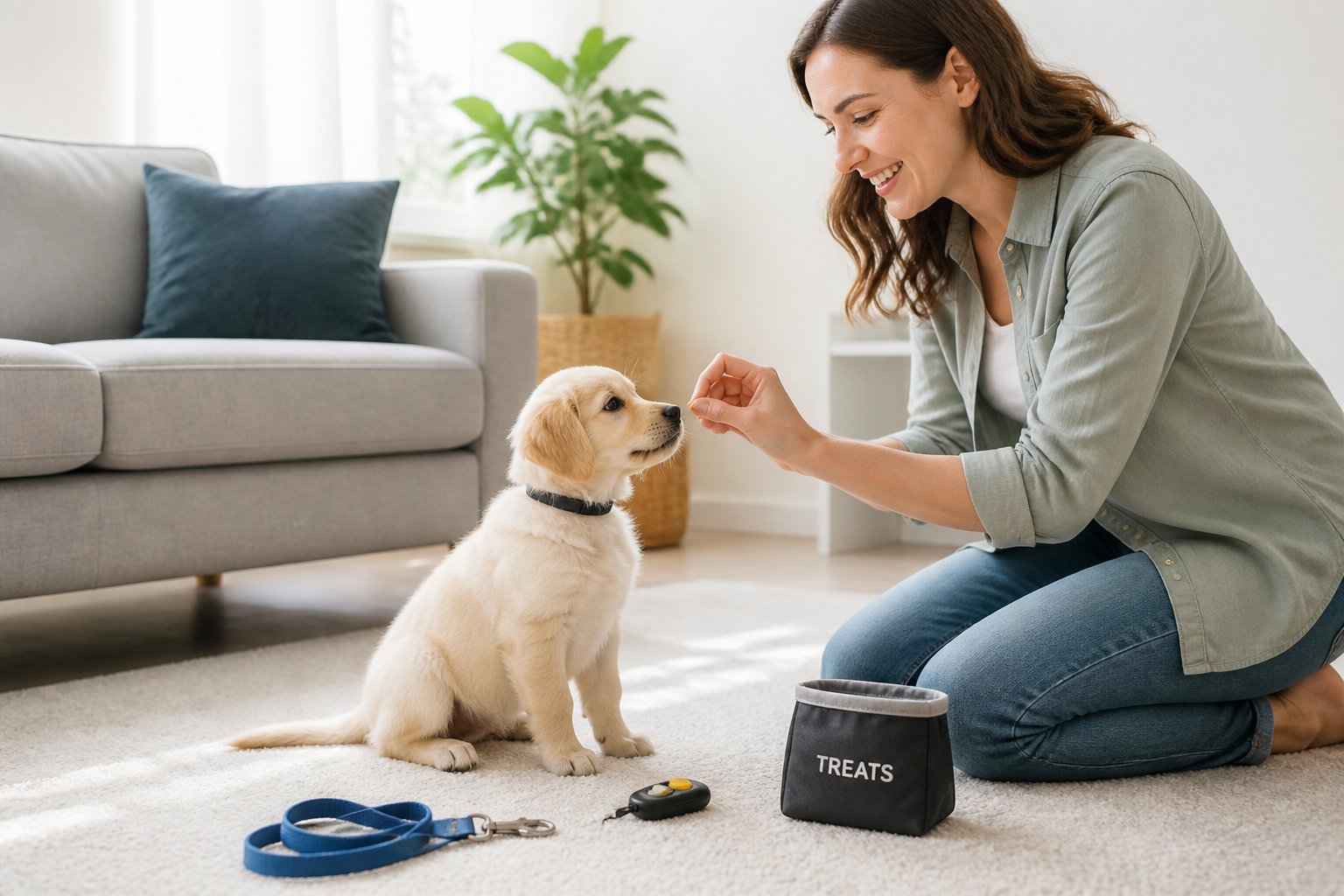 A young puppy sitting attentively while an adult gently guides it with training tools in a bright, cozy living room.