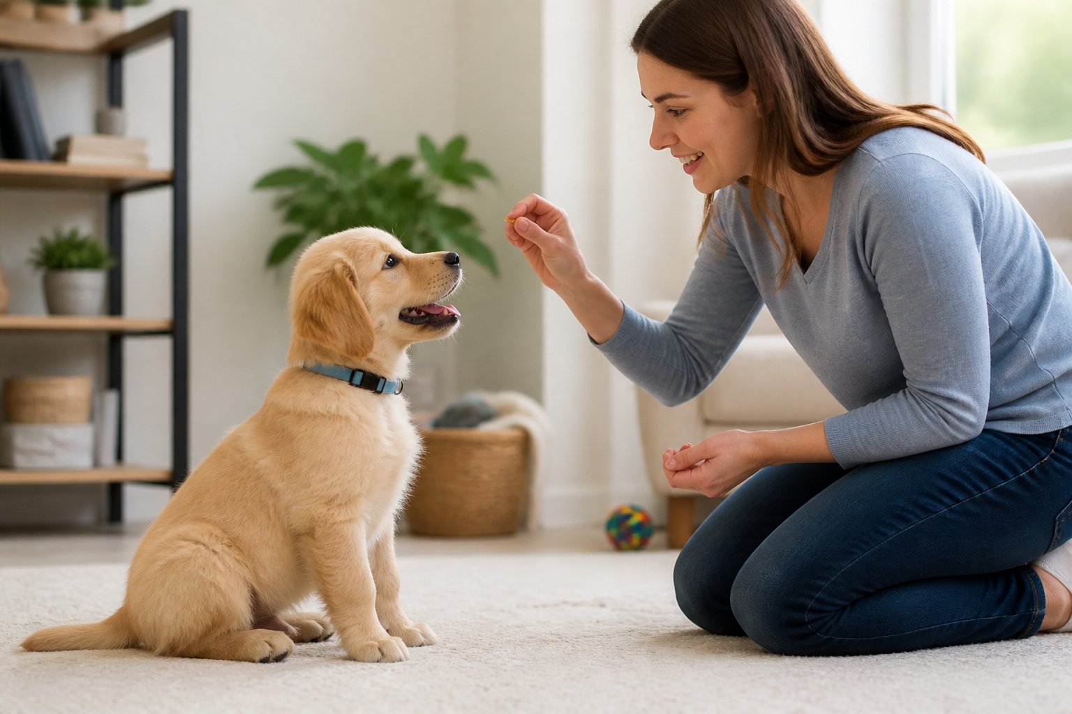 A person gently training a young puppy indoors using treats and positive reinforcement.