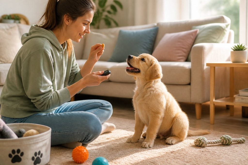 A person training a young puppy indoors using treats in a bright, cozy living room.