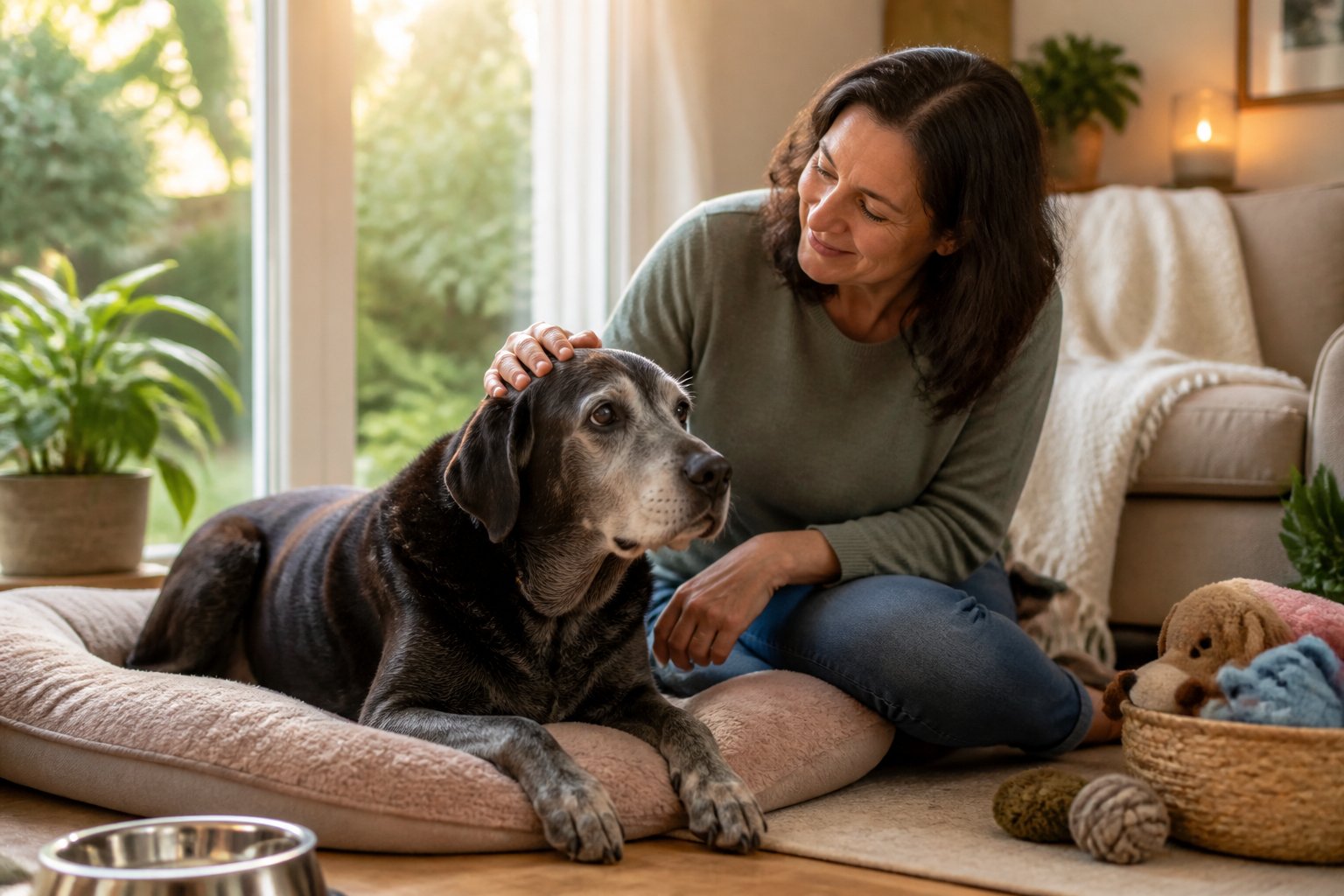 A senior dog with a gray muzzle sitting next to a person who is gently petting the dog in a cozy, sunlit living room.