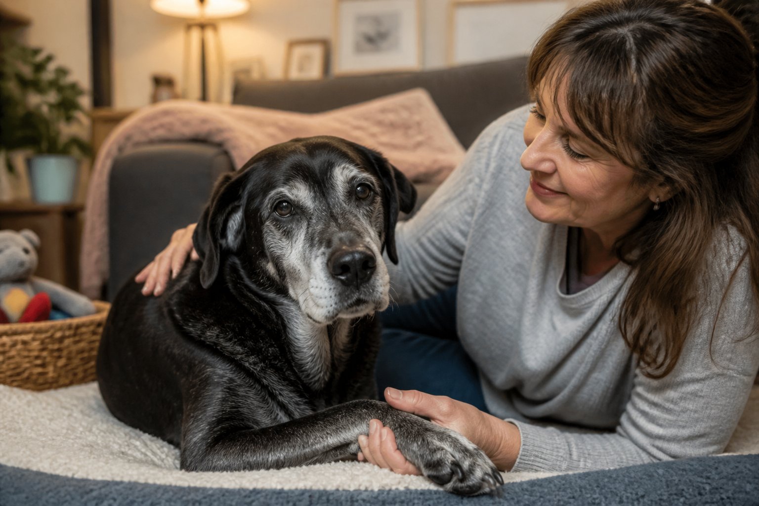 A senior dog sitting calmly next to a person who is gently petting it in a cozy home setting.