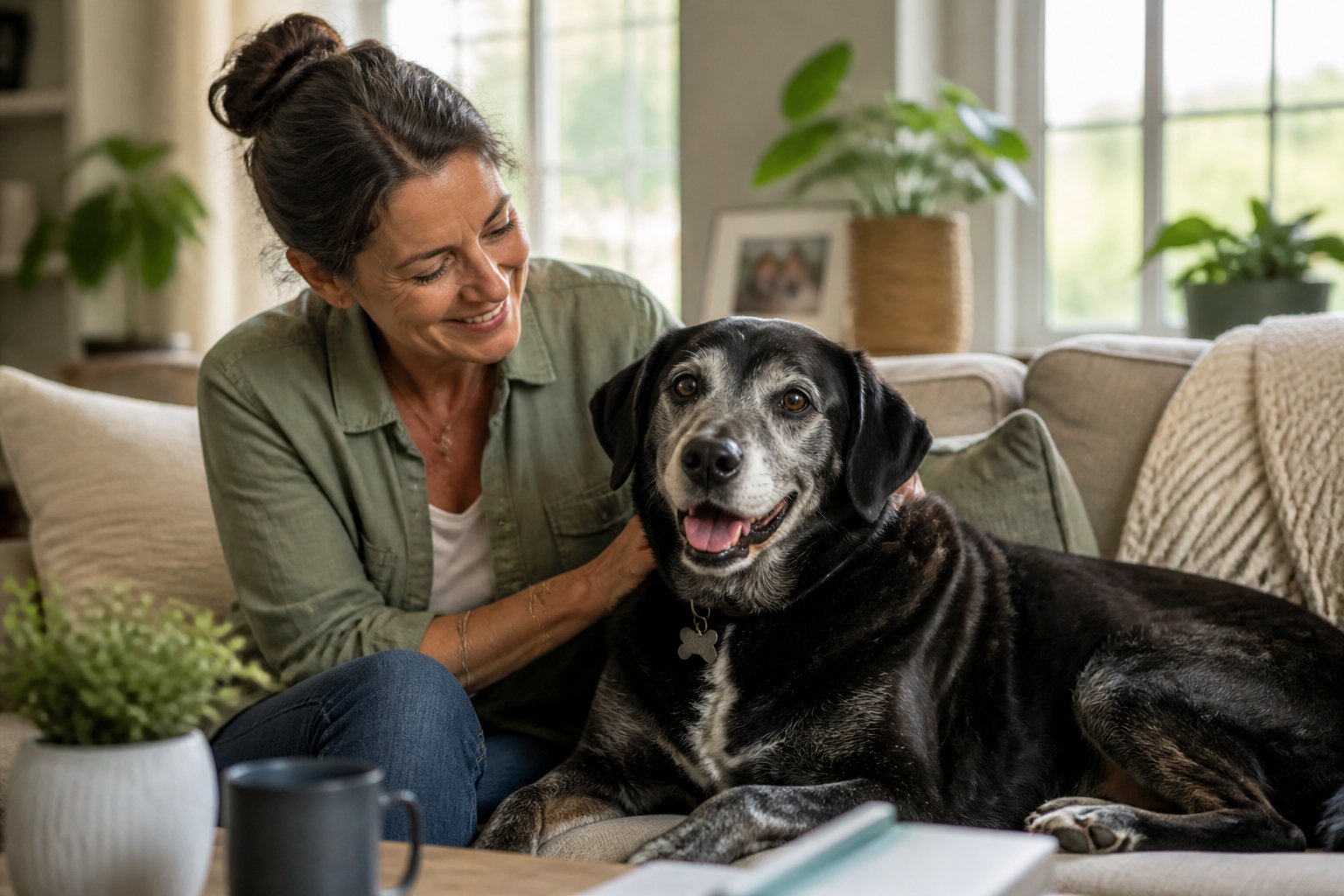 A senior dog sitting next to a person in a sunlit living room, both looking content and connected.