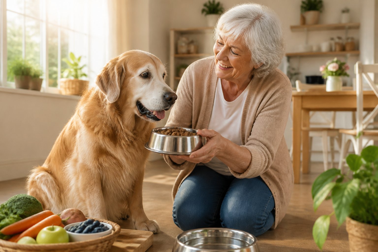 An elderly person offering a bowl of nutritious food to a calm senior golden retriever in a bright kitchen setting.