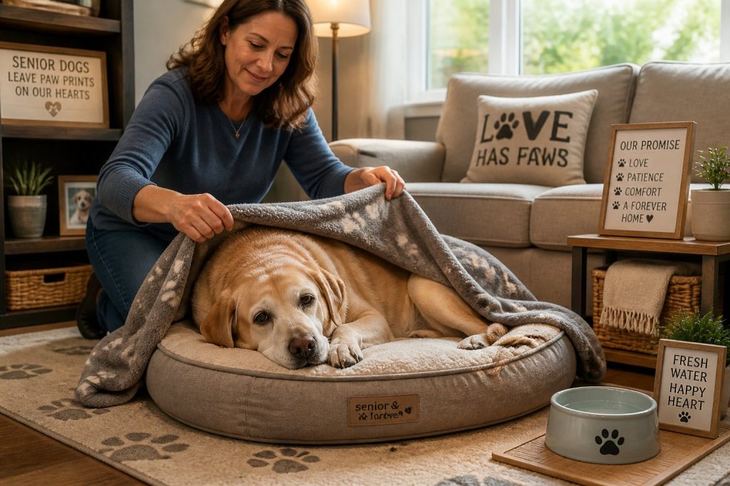 An older Labrador Retriever resting on a dog bed in a living room while a person places a blanket over it.