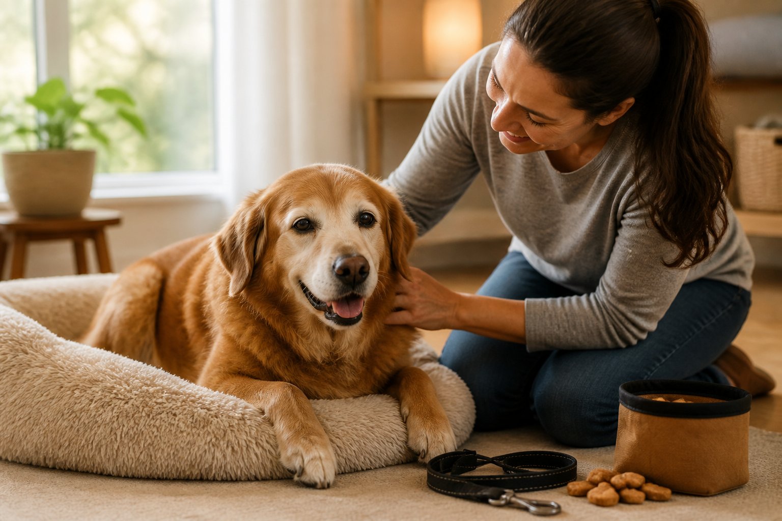 An adult gently petting a calm senior dog sitting on a cozy bed indoors, showing care and support.