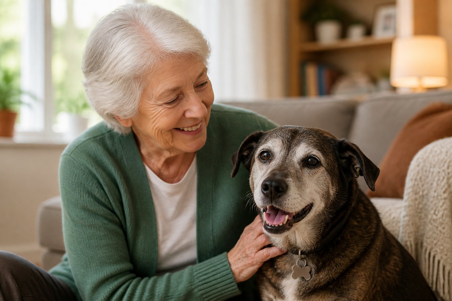 An elderly person smiling and petting a calm senior dog in a cozy living room.