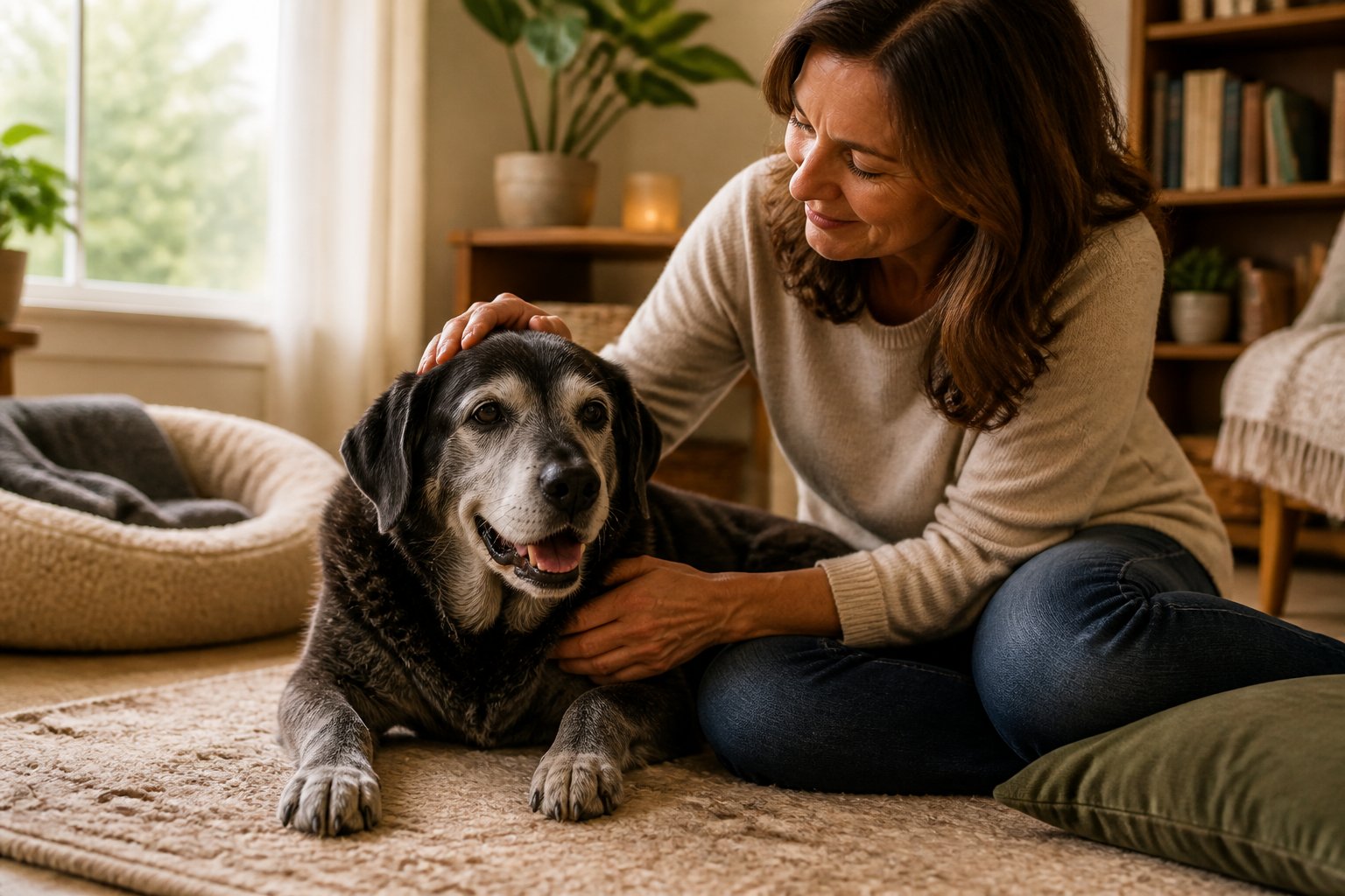 A senior dog sitting on a living room floor being gently petted by an adult person.