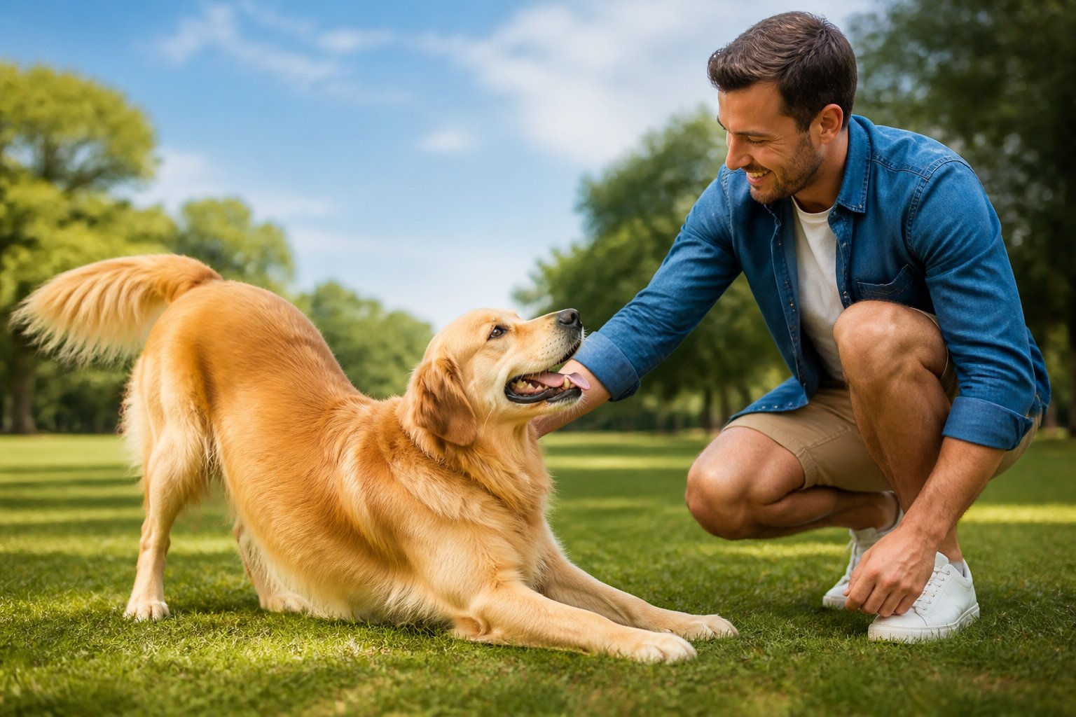 A golden retriever stretches its front legs while greeting a smiling person outdoors in a sunny park.