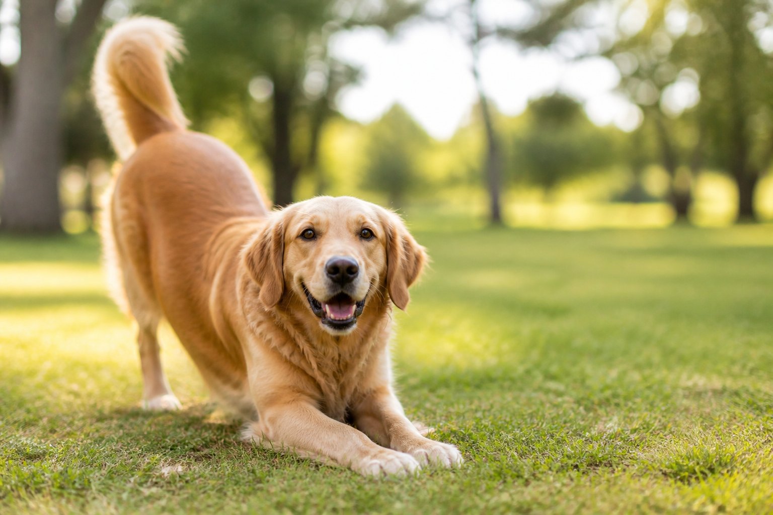 A dog stretching its front legs forward with a happy expression in a green park.