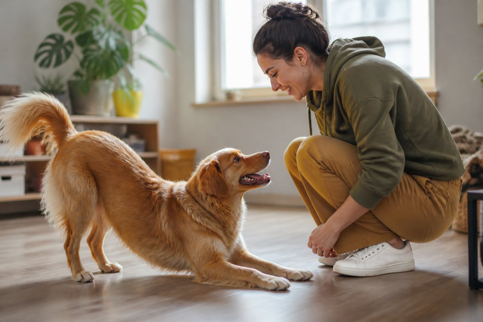 A dog stretching its front legs while greeting a smiling person crouched nearby in a bright indoor room.