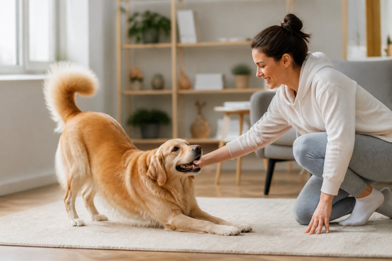 A dog stretching its front legs while greeting a smiling person indoors.