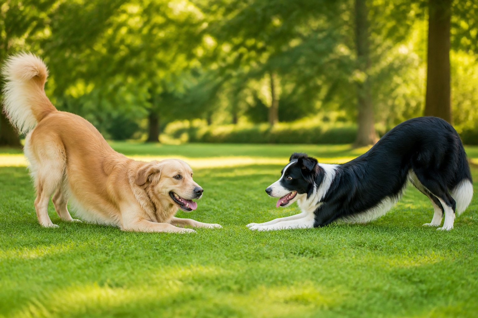 Two dogs outdoors, one performing a play bow and the other doing a greeting stretch, showing different friendly postures.
