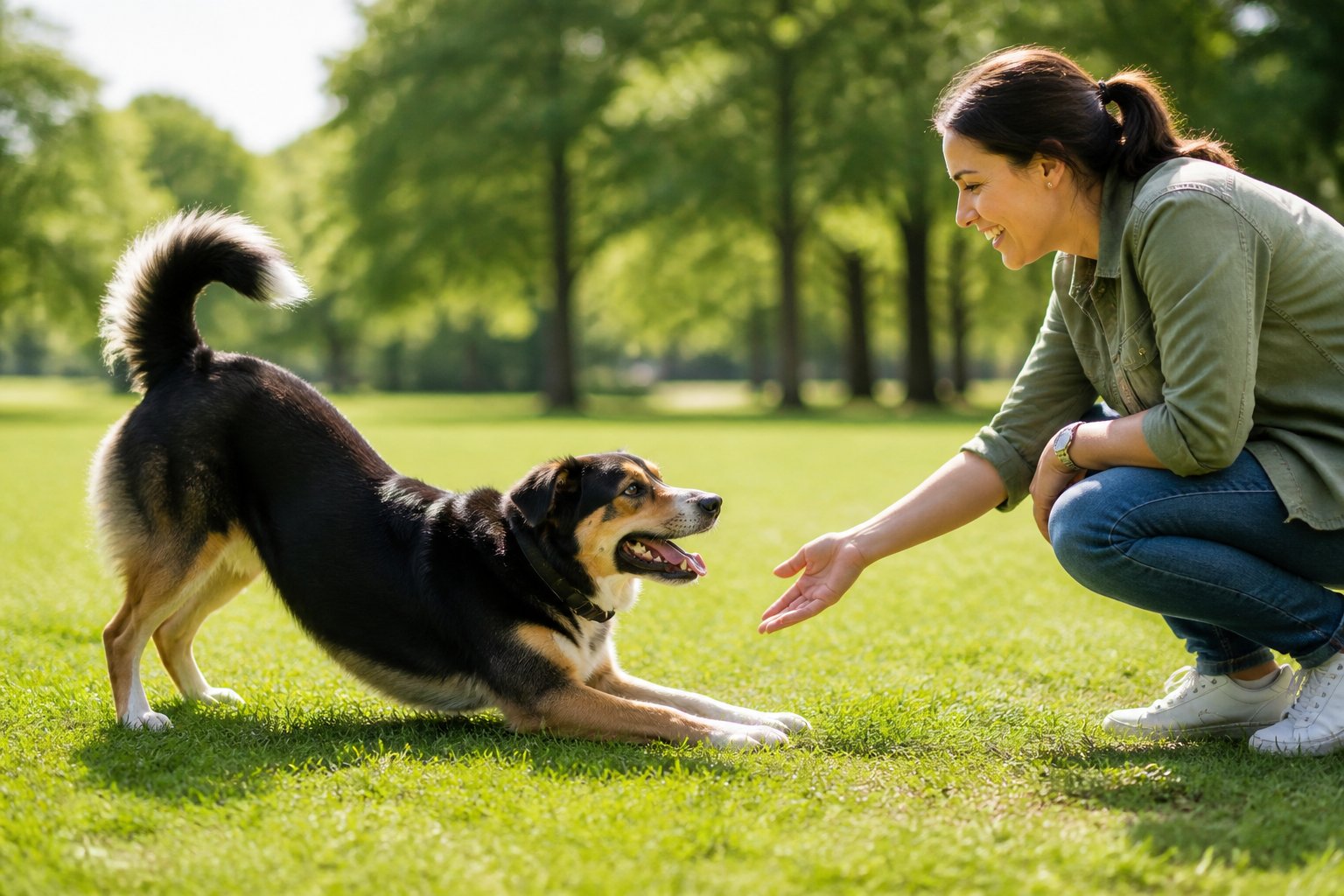 A dog stretching its front legs forward while greeting a person outdoors in a green park.