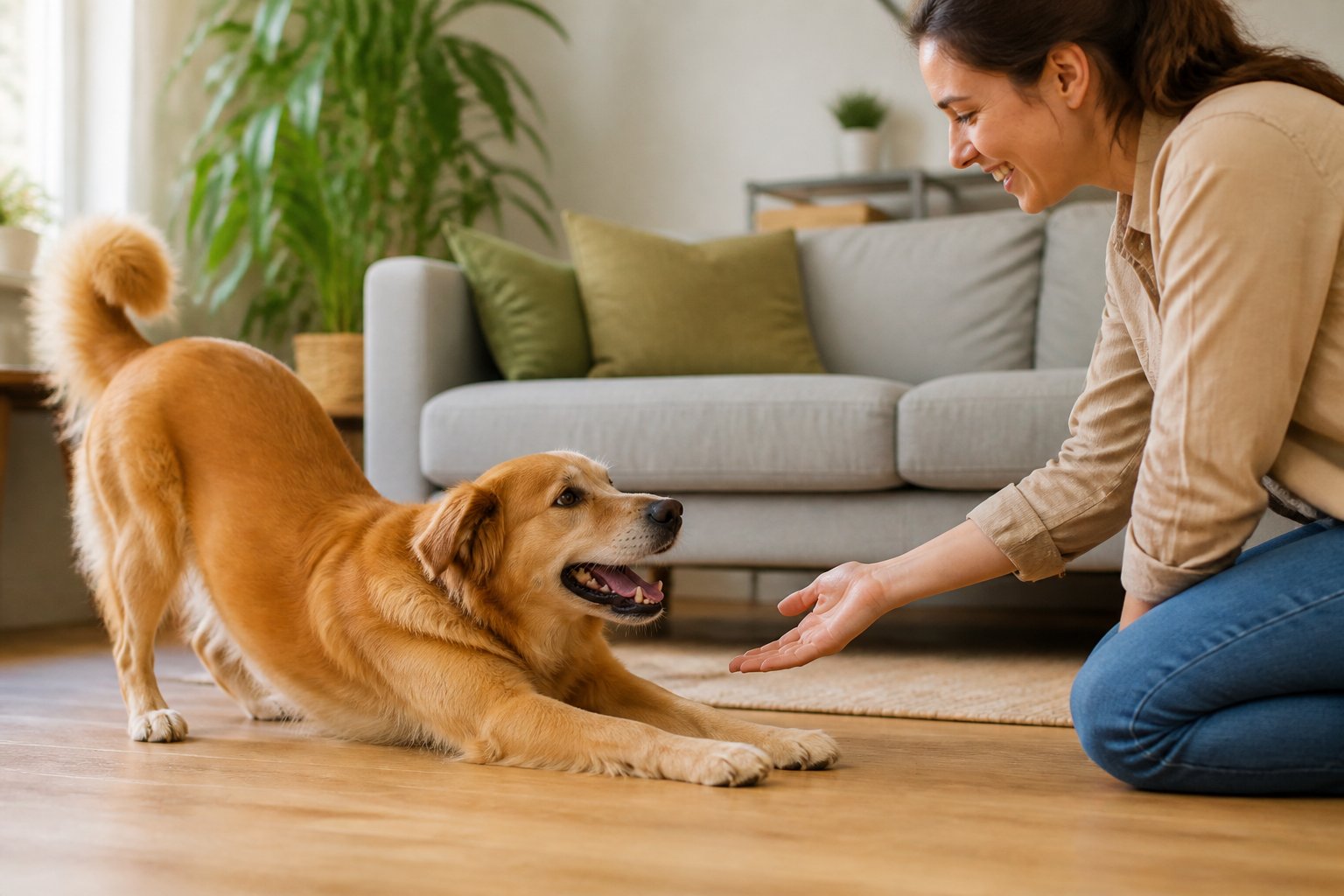 A dog stretching its front legs forward on the floor while a person reaches out to it in a cozy living room.