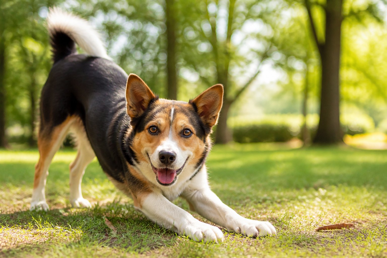 A dog stretching its front legs forward outdoors in a playful greeting pose with trees in the background.